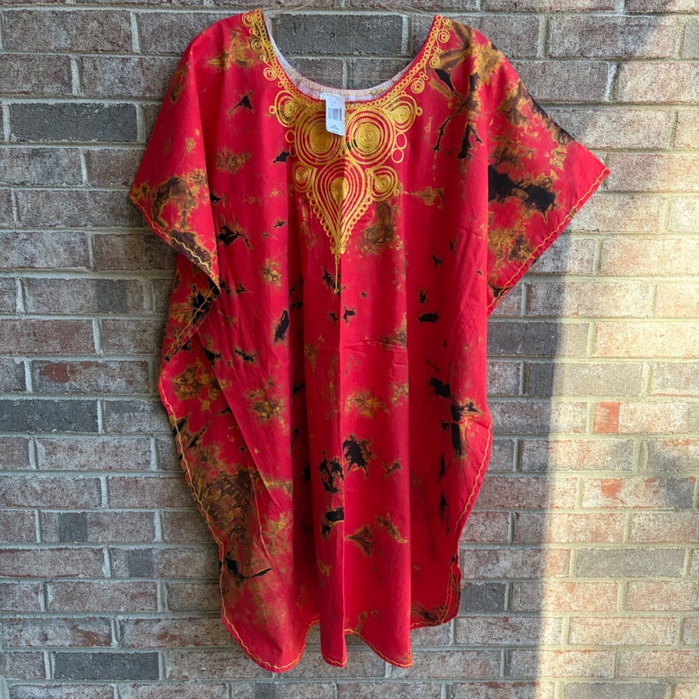 Stoneage Arts Kenya Red Gold Embroidered Dashiki Kaftan One Size NWT